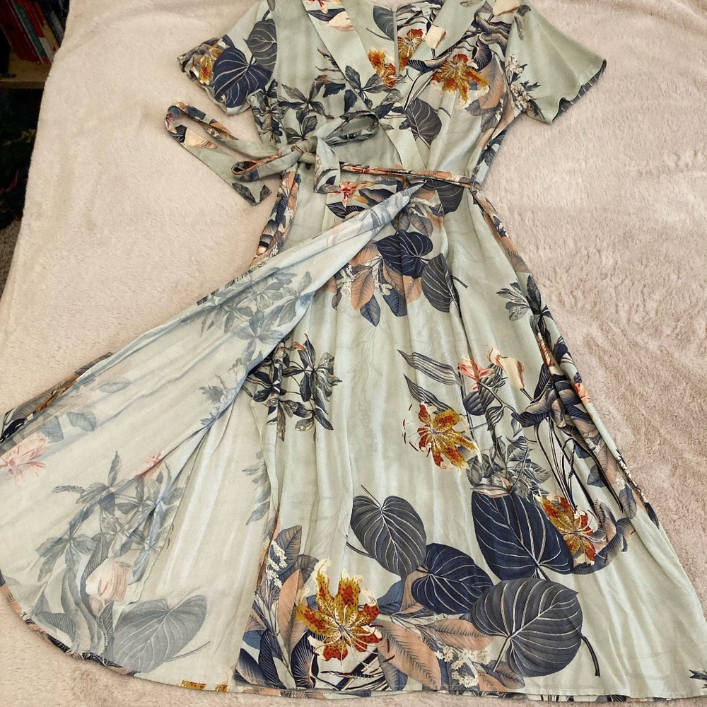 Tropical Print Faux Wrap Dress